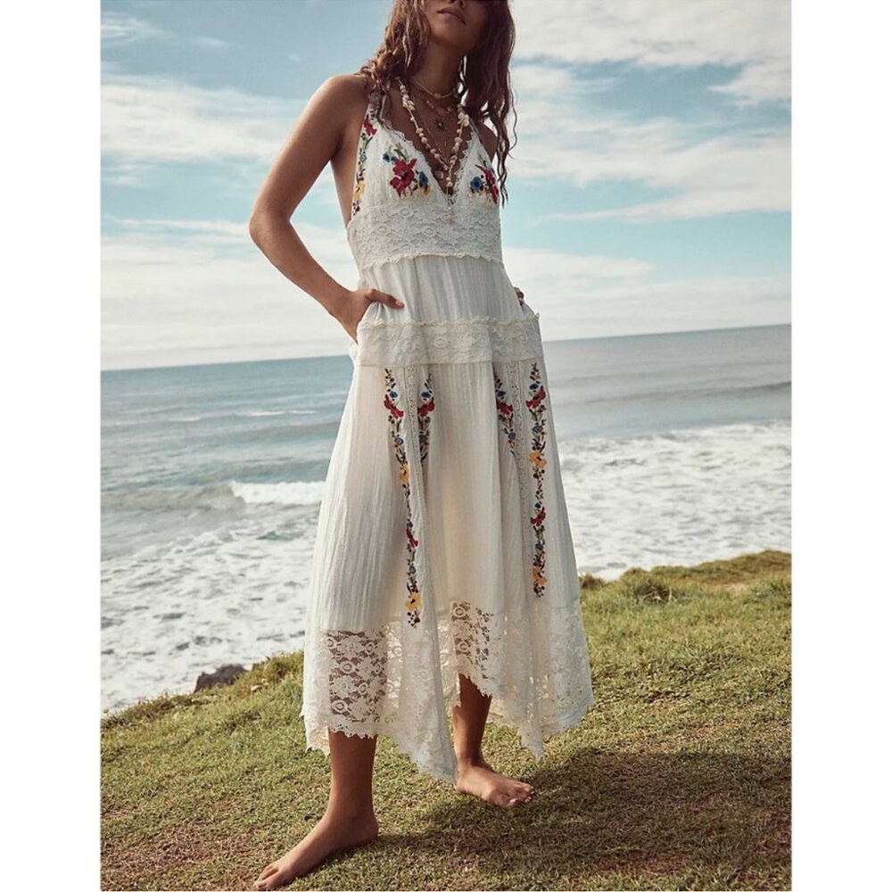 Free People White Embroidered Midi Dress with Red & Blue Floral Accents - Picture 3 of 10